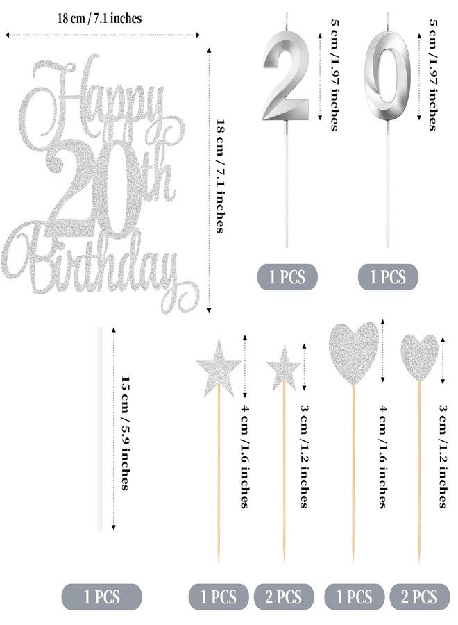 Lecferrarc 20th Birthday Cake Decorations, 20th Birthday Candles Cake Numeral Candles and Glitter Happy 20th Birthday Cake Toppers Set for Birthday Party Supplies (Silver) - Image 2